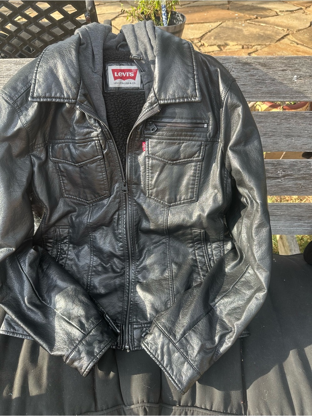 Levi's Black Faux Leather Hooded Jacket size Medium